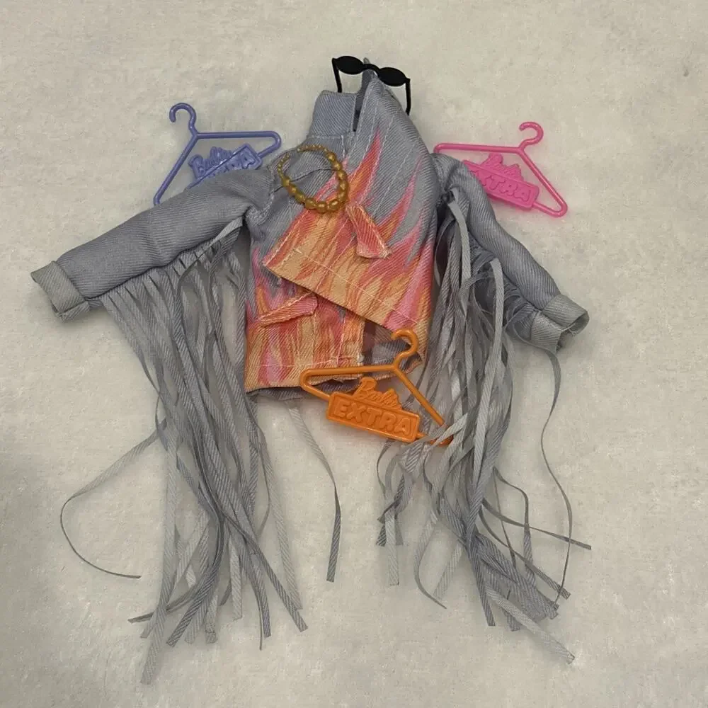 Barbie Extra #5 Doll Outfit Coat Accessory Denim Jean Jacket Fringe Sleeve Flame